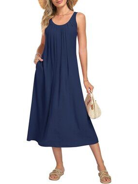Women's Navy Blue Summer Maxi Dress Sleeveless Back Hollow Out Long Beach Dress